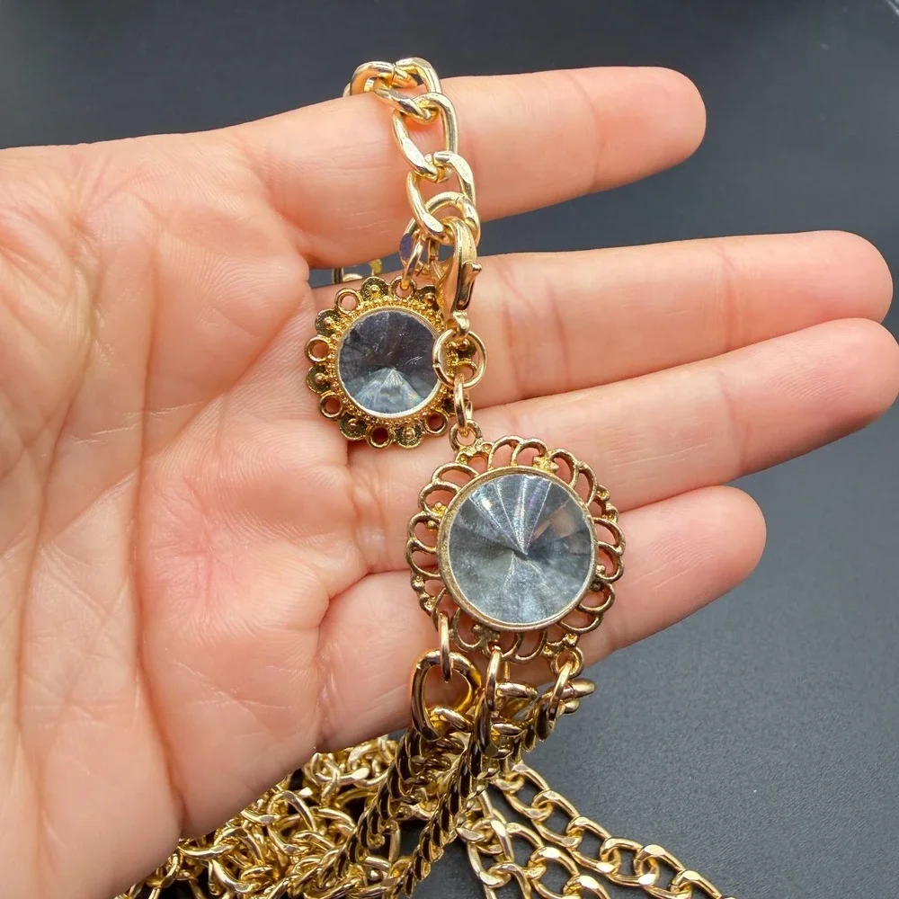 Gold Tone Triple Strand Chain Necklace Clear Rhinestone Statement Layered Boho